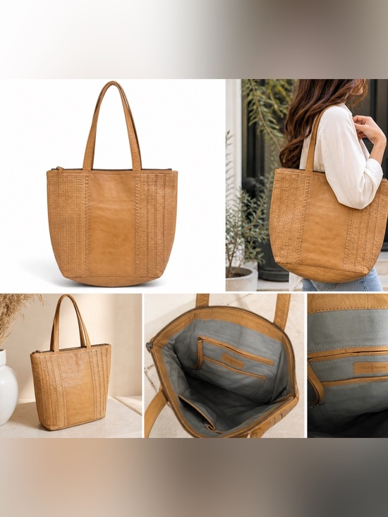 Day & Mood Handbags - Day & Mood Genuine Leather Tote Bag Tan Textured Large Shoulder Bag Boho Chic